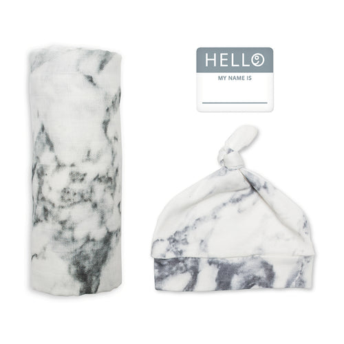 Lulujo Hello World Blanket and Knotted Hat - Marble