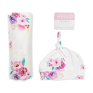 Lulujo Hello World Blanket and Knotted Hat - Posies