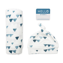 Load image into Gallery viewer, Lulujo Hello World Blanket and Knotted Hat - Navy Triangles