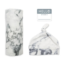 Load image into Gallery viewer, Lulujo Hello World Blanket and Knotted Hat - Marble