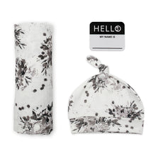 Load image into Gallery viewer, Lulujo Hello World Blanket and Knotted Hat - Black Floral